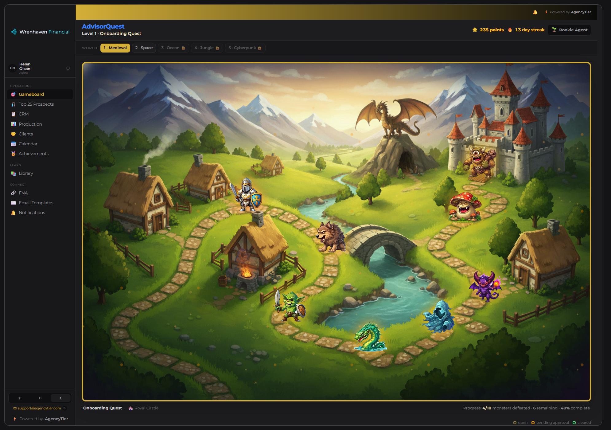 AdvisorQuest gameboard showing the agent's progression path across five worlds